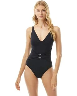MICHAEL Michael Kors Iconic Solids Sash Logo Trim V-Neck One-Piece with Removable Soft Cups | Swimwear