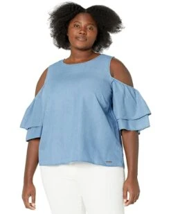 MICHAEL Michael Kors Plus Size Tencel Cold-Shoulder Ruffle Top | Shirts & Tops